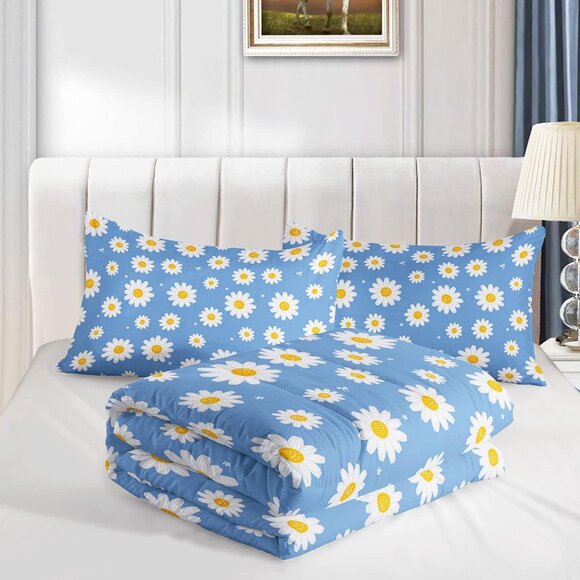 Flower Comforter Set Blue Daisy Floral Printed Pattern Quilt Bedding with 1 and - Picture 5 of 7